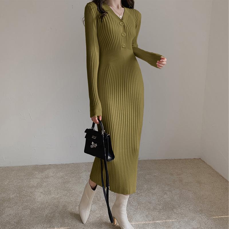 Pre-fall MIDI Skirt Temperament V-neck Light Ripe Wind Apricot Slim Base Skirt Knitted Elastic Slimming Buttock Wrap Dress