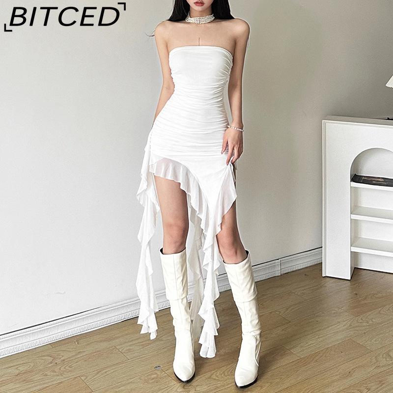 BITCED Spring Women's Solid-Color Slim-Fit High-Waisted Fashion Off-the-Shoulder Strapless Dress