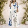 Plus Size Women V Neck Cold Shoulder Tie Cuff Short Sleeve Printed A Line Maxi Dress