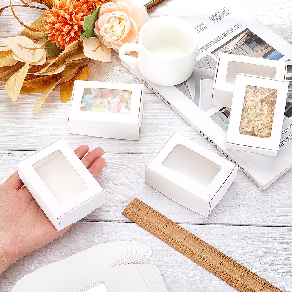 30pcs Paper Candy Boxes Bakery Box with PVC Clear Window for Party Wedding Baby Shower Rectangle White 8.7x6.2x3cm