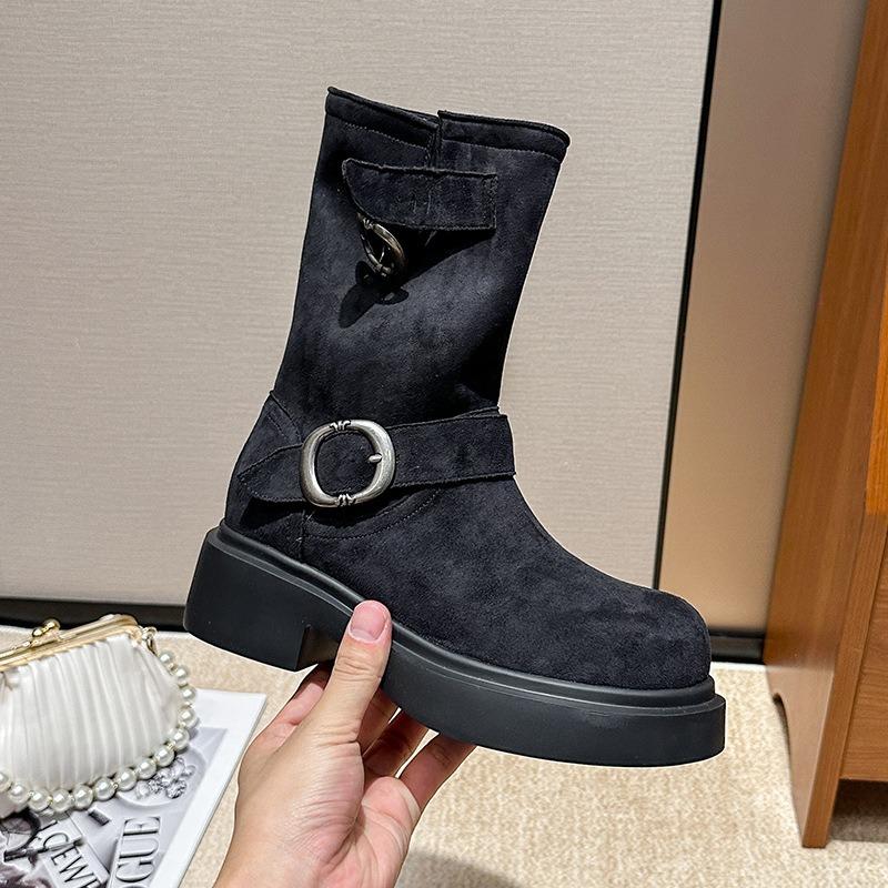 Thick-soled locomotive buckle belt short boots women's Martin boots stacking boots belt buckle