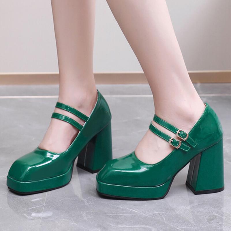 Women Pu Leather Pumps Thick High Heels Square Toe Buckle Mary Janes Fashion Party Spring Autumn Shoes Black Wine Red