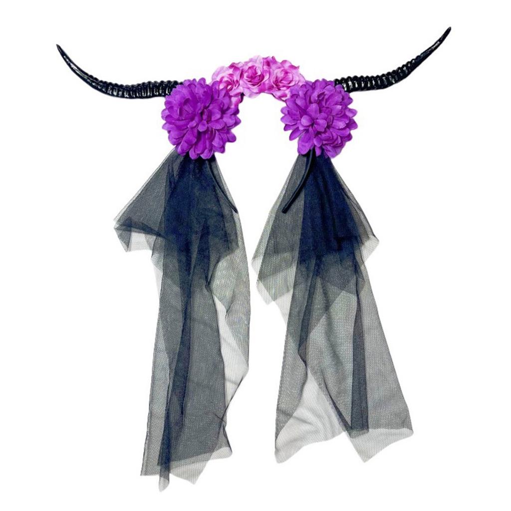 Devil Horn Flower Headband with Veil Cosplay Costume Hairband Dark Series Hairhoop Day of the Death Hairband for Women