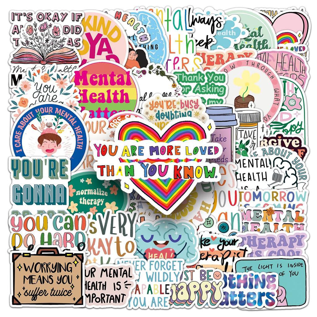 50 Mental Health Doodles Personalized Prevention of Depression English Slogan Decorative Mobile Phone Case Suitcase Stickers