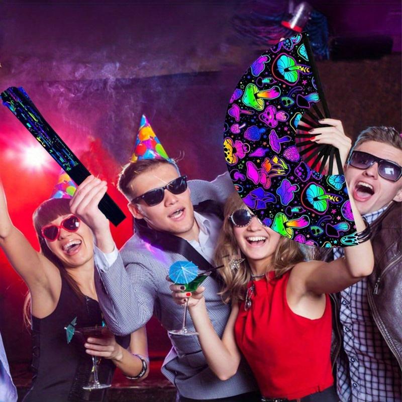 Glow Party Decorations Supplies.Mushrooms Folding Fan, Uv Glow Rave Fan Festival Fan, Silk Chinese & Japanese Palm Fan