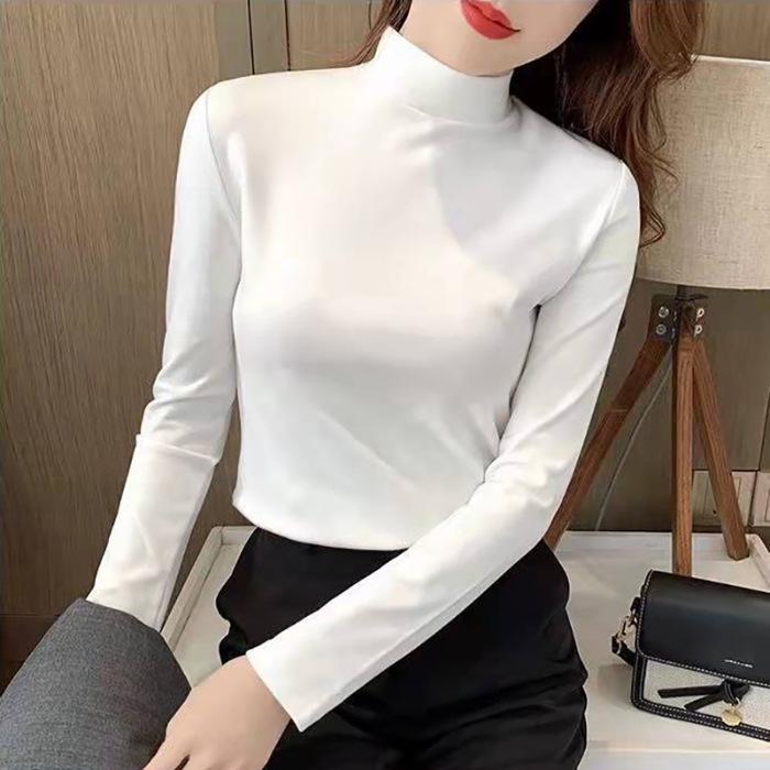 Women's Half High Neck Slim Fit Warm T-Shirt - Autumn/Winter Solid Color.