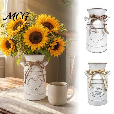 Gypsophila Vase Galvanized Vintage Iron Can Flower Bucket, Double-Handle Metal with Jute Bow & Embossed Heart/HOME Double Handle Container Print,