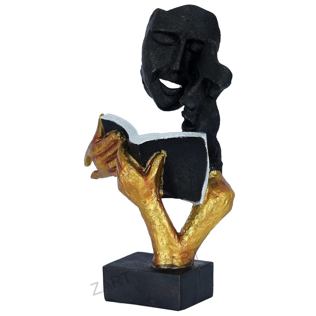 Handgefertigte Skulptur aus Polyresin mit einem Buch, das ein modernes Gesicht liest, Artikelfigur, antikes Schaustück für die Inneneinrichtung (Schwarz und Gold, Standard) 13" Zoll