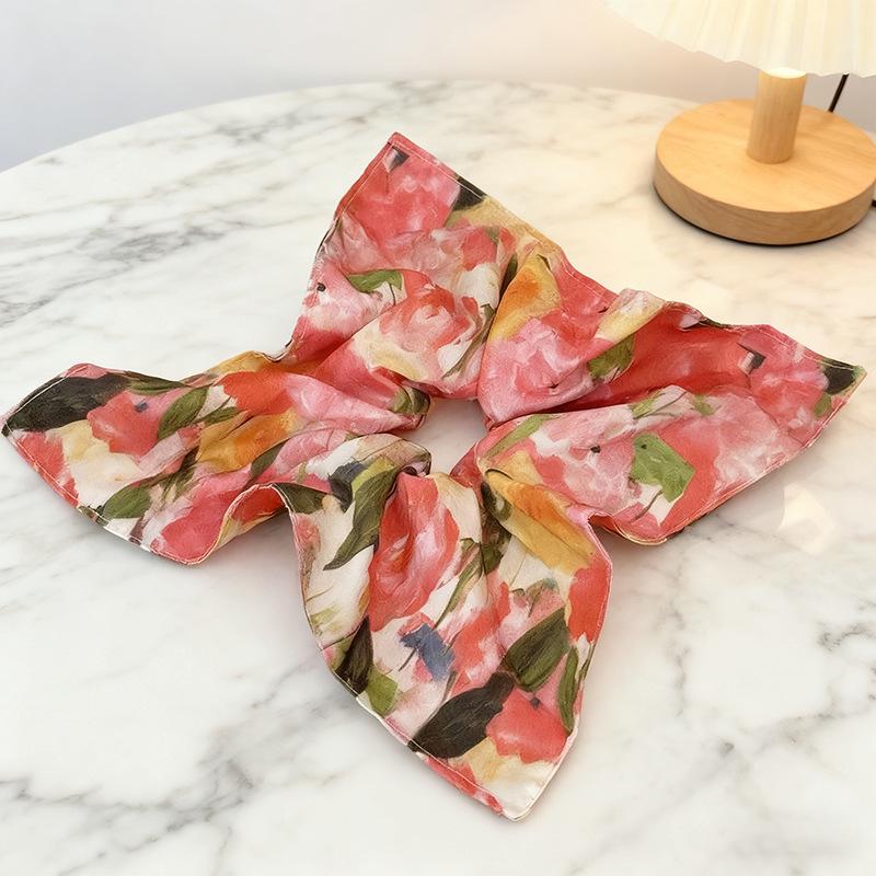 Smudged Floral Oil Painting Scarf & Extra Large Square Hair Tie Set румянец/розовый