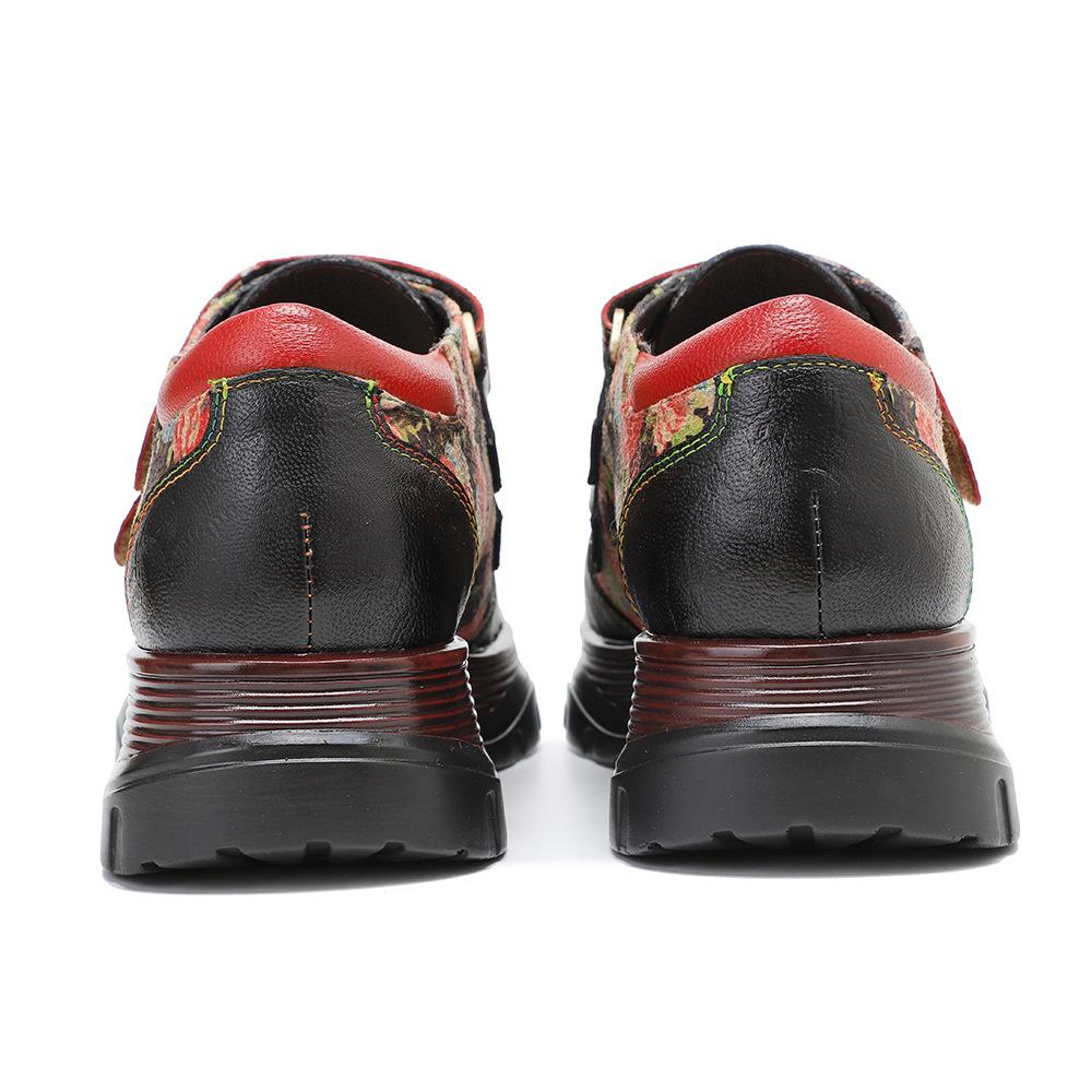Johnature Retro Women Flats Shoes Genuine Leather Patchwork Printed Round Toe Comfortable Casual Platform Shoes