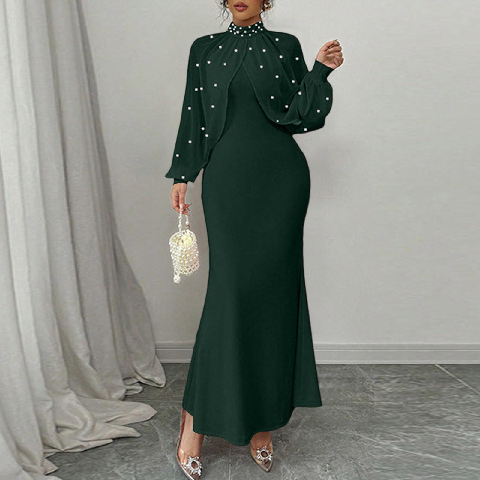 

Long Sleeve Maxi Dress with High Neck Embellished Cape Overlay Fitted Elegant Formal Gown for Women L зелёный