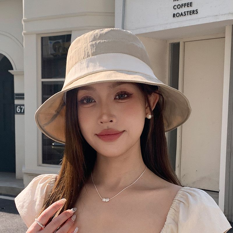 

Sun Hat Hat Female Outdoor Mountaineering Sun Protective Summer Simplicity K-style Casual Easiest for Match Color Matching Face Small Bucket Hat 8790-khakis