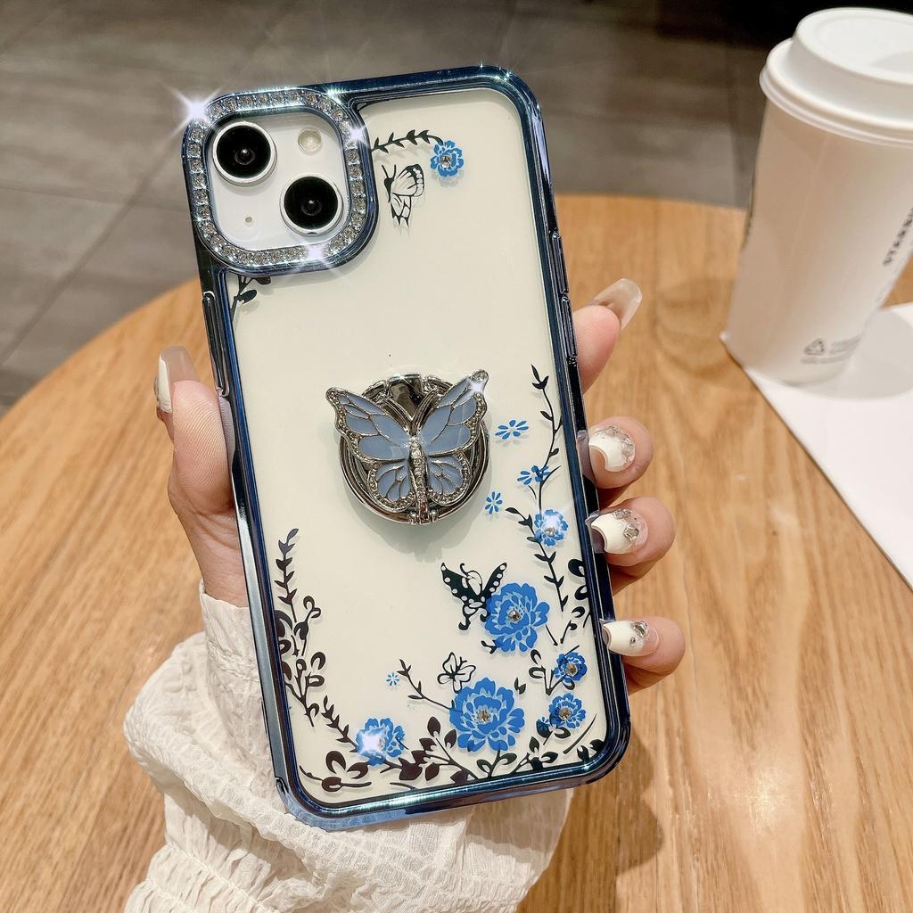 Applicable To Apple 15ProMax Phone Case, IPhone14 Electroplated Butterfly Ring Stand, Lens Flash Diamond Protective Case