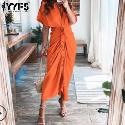 Women's Fashion Summer Spring Solid Color Print Short Sleeve V-Neck High Waist Casual Dresses