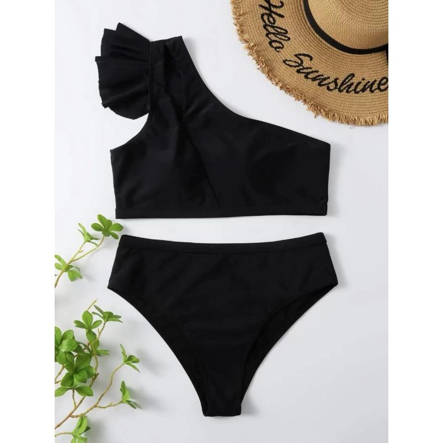 2025 Solid Color Sexy Two-piece High-waisted Single-shoulder Fringed Women's Bikini, Multi-color Available Swimwear