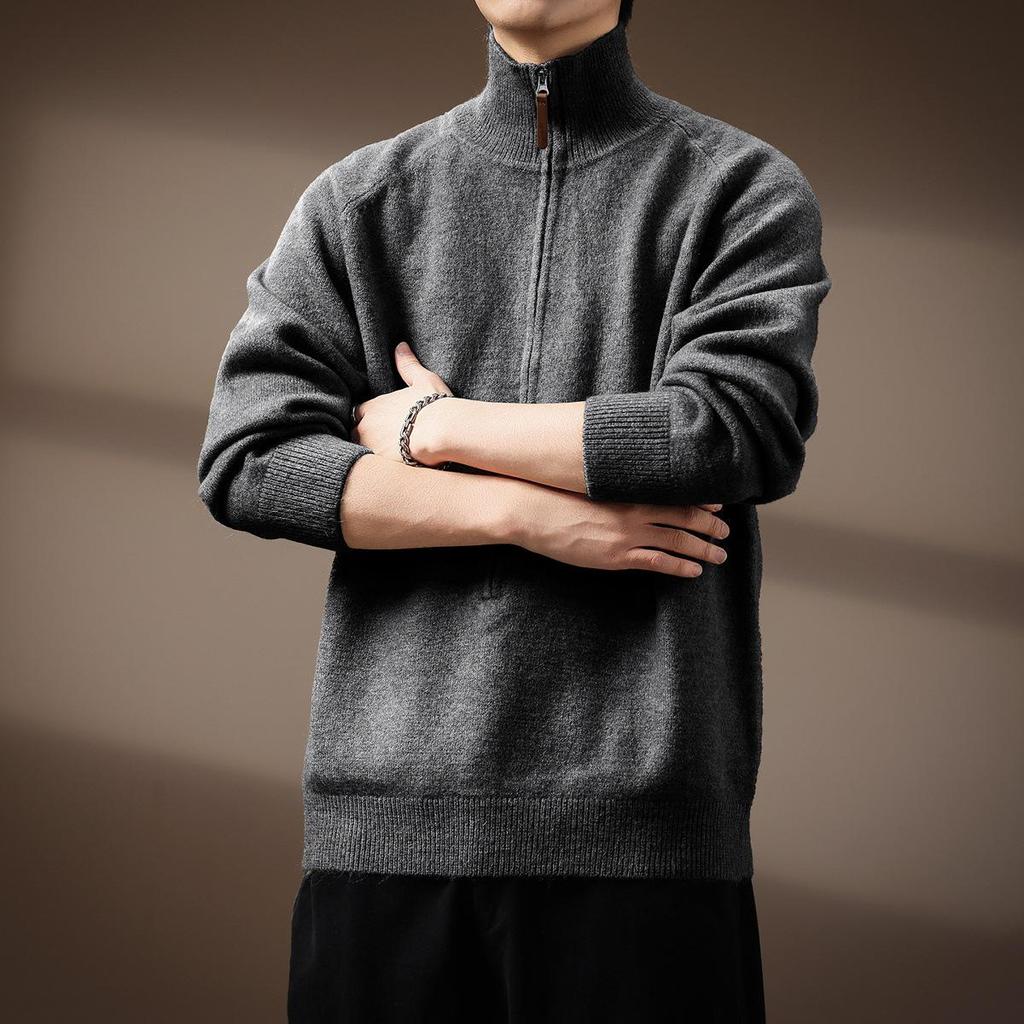 Premium American Style Men's Half-High Collar Knit Sweater - Warm, Anti-Pilling, Plus Size, Long Zipper.