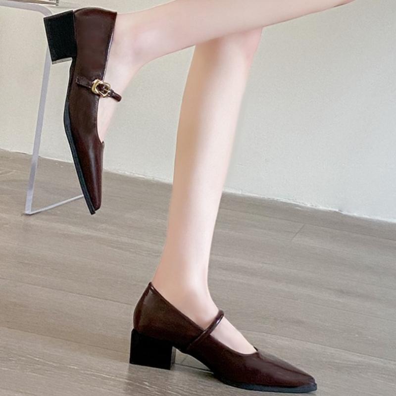 Fashion Women's High Heels Square Toe Elegant Ladies Cowhide Office Women's High Heels 2025  New Autumn Designer Slip-on Sandals Women