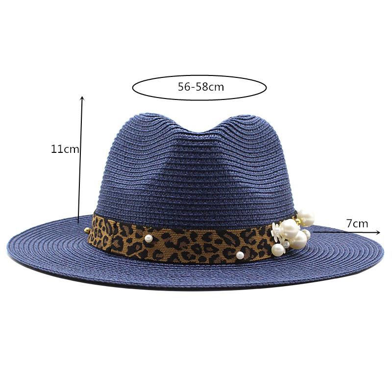 Spring And Summer Leopard Print Pearl Straw Sun Protection Visor Straw Hat Dame Top Hat