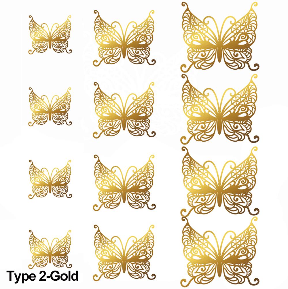 12Pcs/Pack 3D Hollow Out Butterfly Stickers Gold/Silver/Rosegold Mirror Decals Metal Texture Wall Art Wedding Party Supplies
