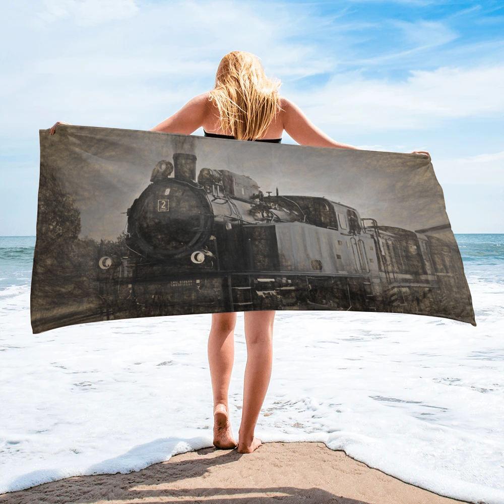 

Train Retro Style Landscape Beach Towel Microfiber Absorbent Bath Towel Soft Quick Dry Beach Blanket Travel Sport Spa Swim Towel W30*H60(CM)