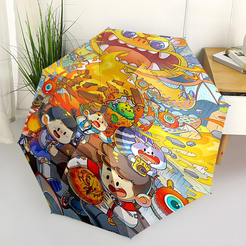

1pc Outdoor Umbrella with Dragon and Cute Characters - Automatic Opening/Closing, Portable 3-Fold Design, 8-Bone Iron Frame - Perfect Gift for Fa