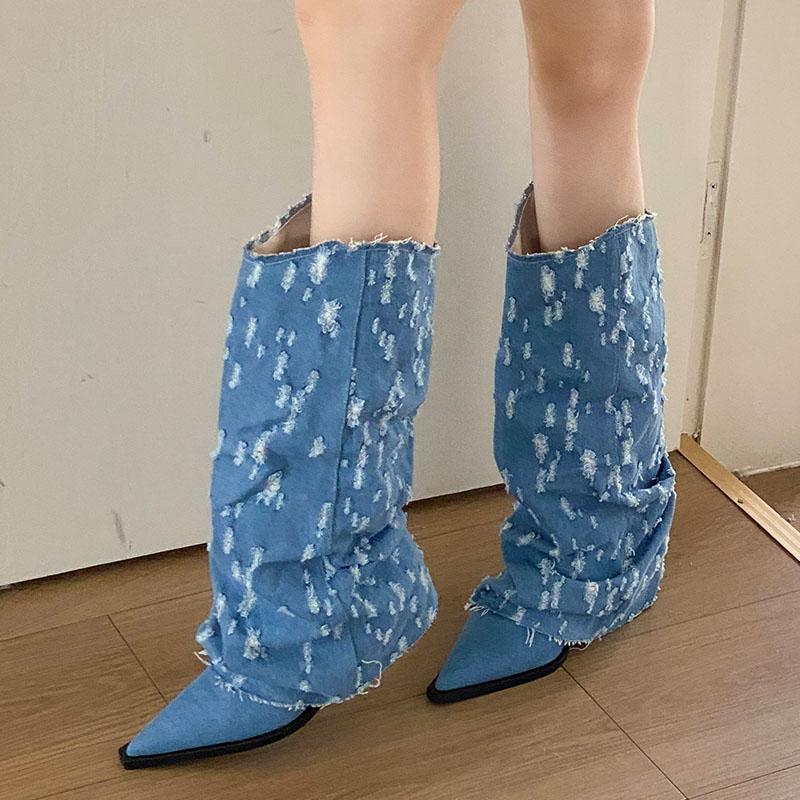 

Fashion Fashion Denim Women Knee High Boots Shoes Female Slip On Footwear Pointed Toe Modern Ladies Long Boots With Heels Shoes Pumps 35 синий