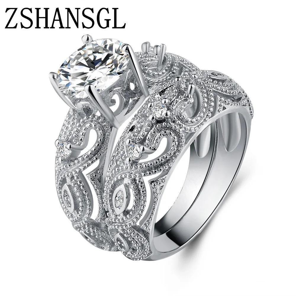 NEW White CZ Stone Ring Sets Sterling Silver Rings Wedding Bague For Women Couple Ring For Lover Accessories Bijoux