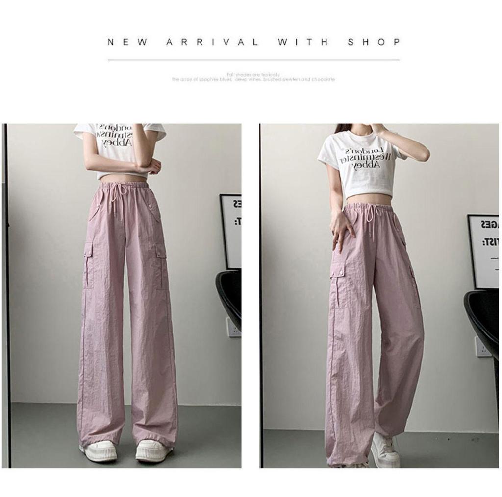 Women's High Waist Pink Cargo Pants - 2025 Spring Collection - Straight, Loose Wide Leg, Drape, and Casual Sports Style