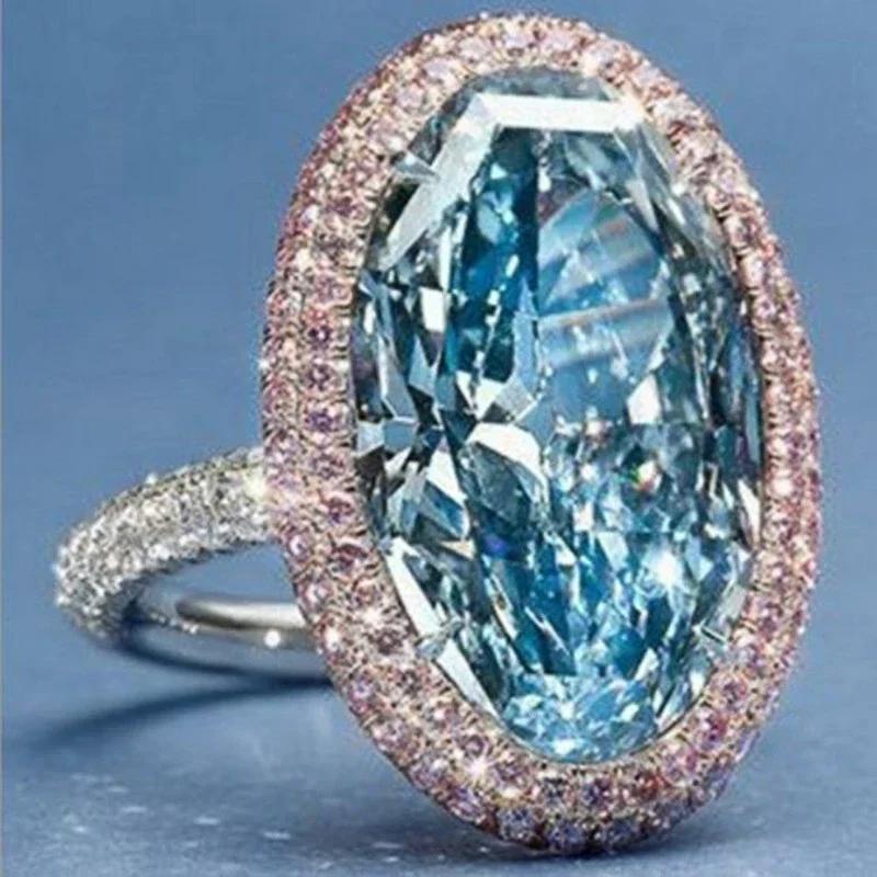 Nuovo Anello da Donna Hyperbole per Festa Cocktail Con Enorme Zircone Cubico Azzurro Montatura a Griffa Regalo di San Valentino per Moglie