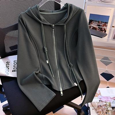 Felpa con cappuccio grigia per donna, nuova giacca versatile sottile autunnale e invernale, doppia cerniera, vestibilità aderente, pullover aderente