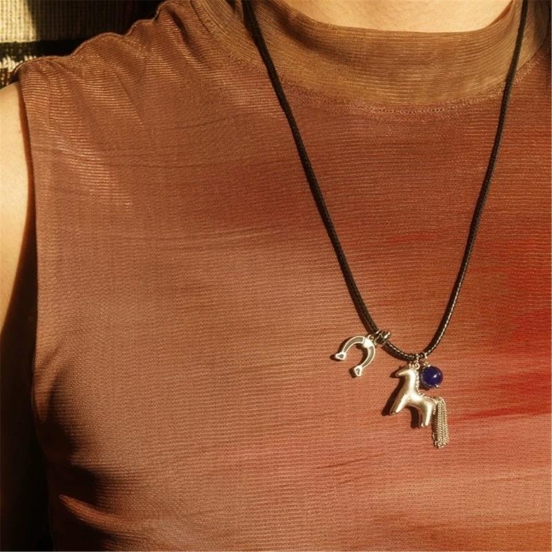 Lightweight Horse Charm Tassels Necklace Stylish Wax Rope Neck Chain Stylish Neck Jewelry Gift For Sister Best Friend