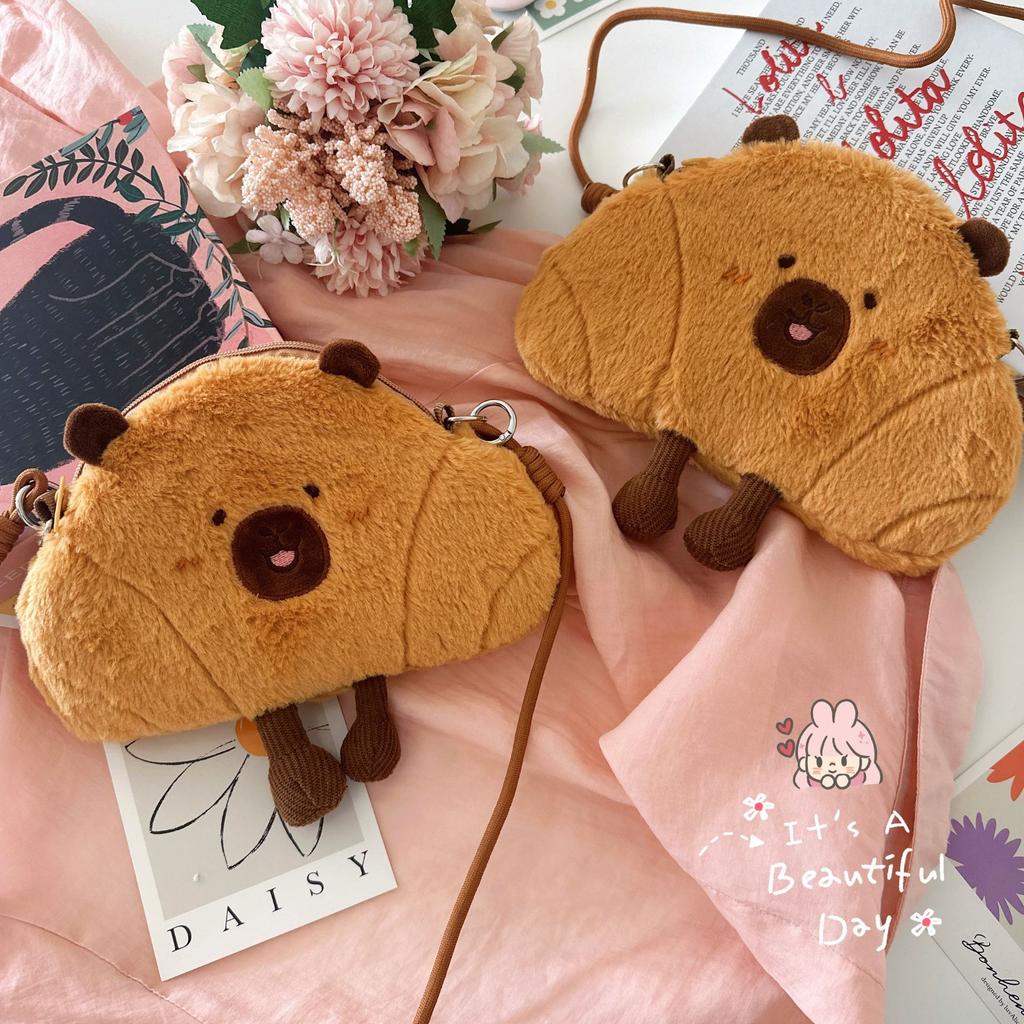 Kapibara Creative Croissant Cute Girl Oblique Straddle Storage Bag Bread Dolphin Ultra Light Cartoon Plush Bag