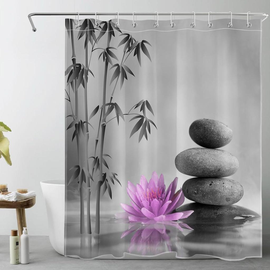 Zen Spa Shower Curtain Grey Bamboo Stone with Teal Water Lily In Water Bathroom Shower Curtain Teal and Gray Bathroom Curtain