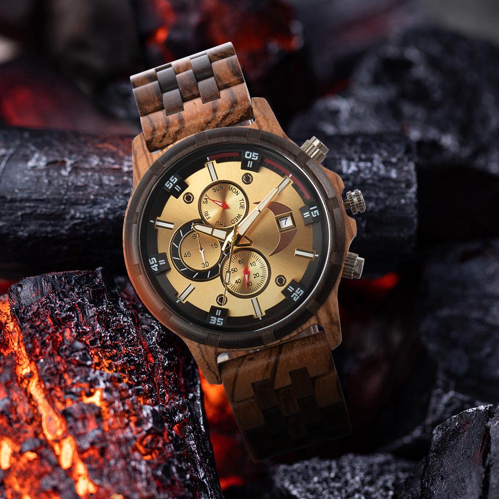 Men's Quartz Wooden Watch with Luminous Multifunctional Large Dial