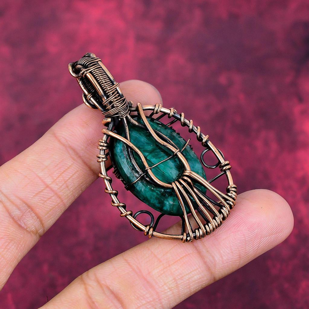 Evil Eye Faceted Zambian Emerald Pendant Copper Wire Wrapped Gemstone Jewelry