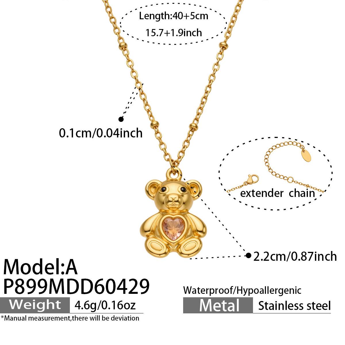 Little Bear Heart Zircon Pendant Necklace - Stainless Steel, European & American Style