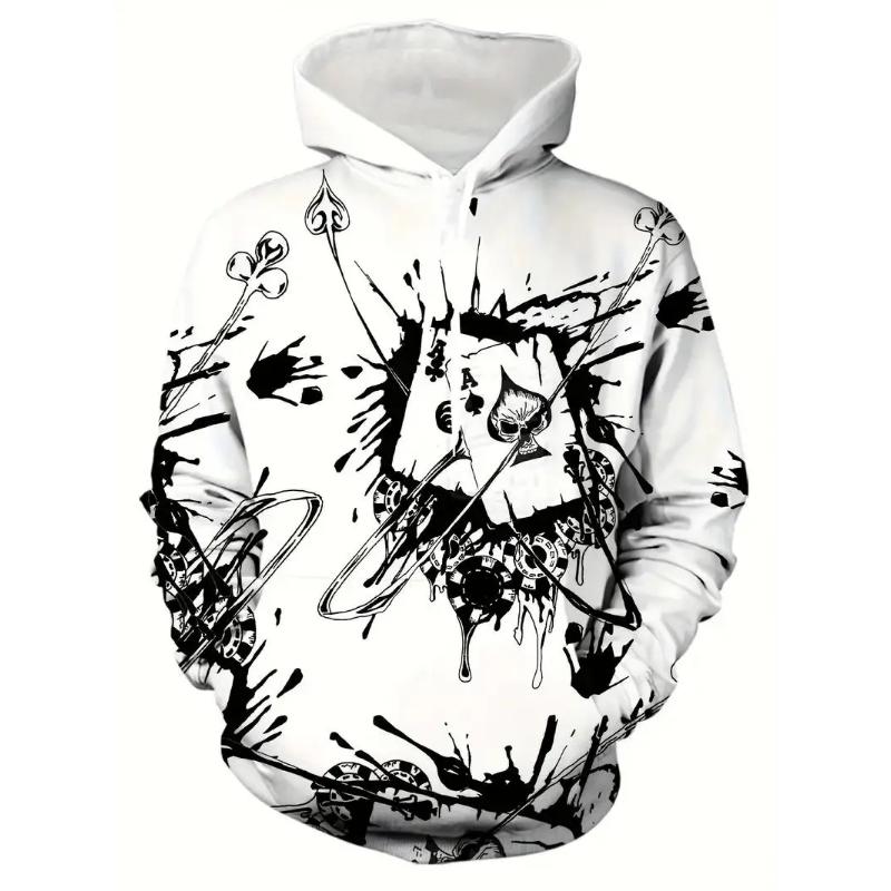 Men's Spring and Autumn Fashion Trendy Hoodie 3D Poker Printed Hoodie Retro High Street Hip Hop Casual Comfortable Sweatshirt