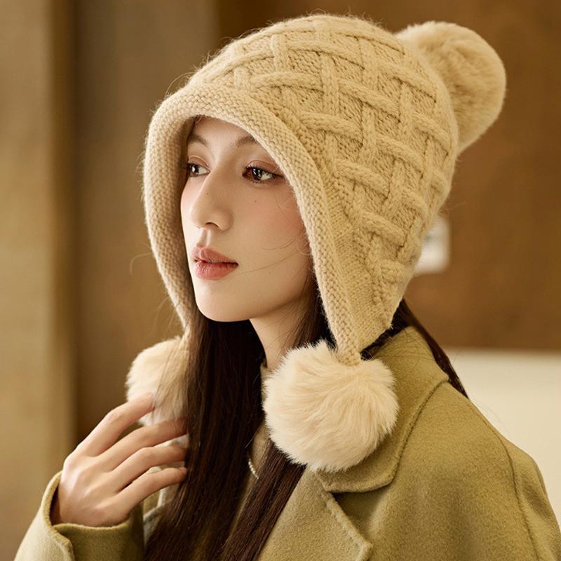 Winter Thick Velvet Knitted Hat Outdoor Warm Ear Protection Three Hair Ball Wool Hat