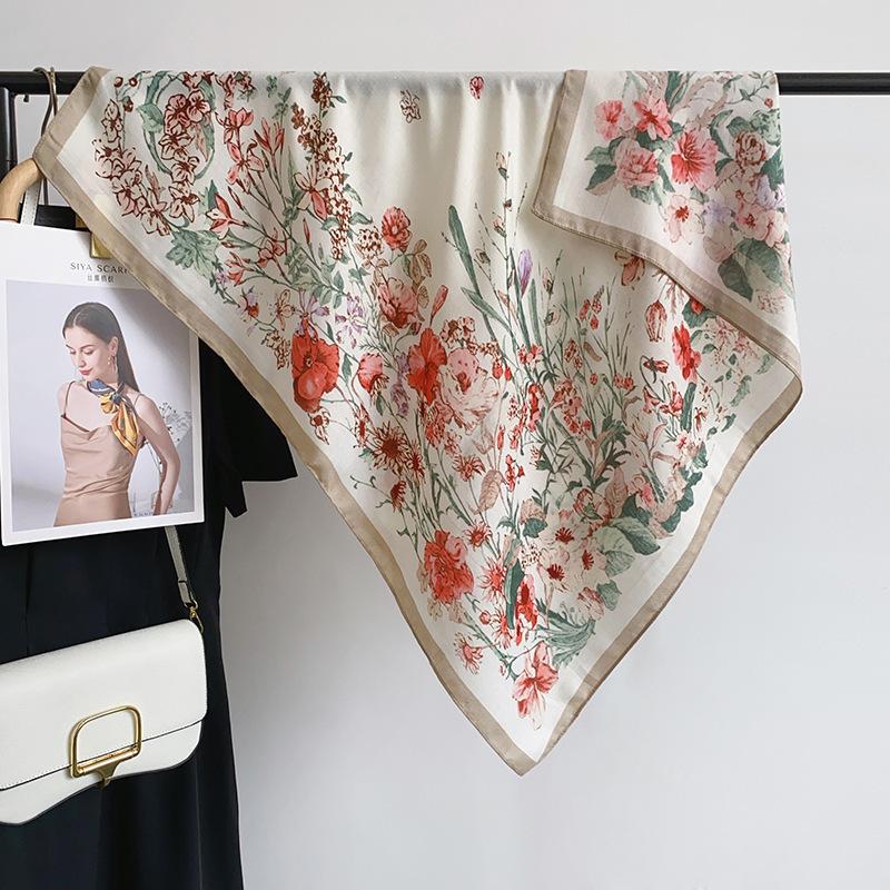 Korean Style Square Fresh Floral Printed Scarf Japanese and Korean Literary Style Lady Temperament Fashionable Travel Photo Outside Shawl