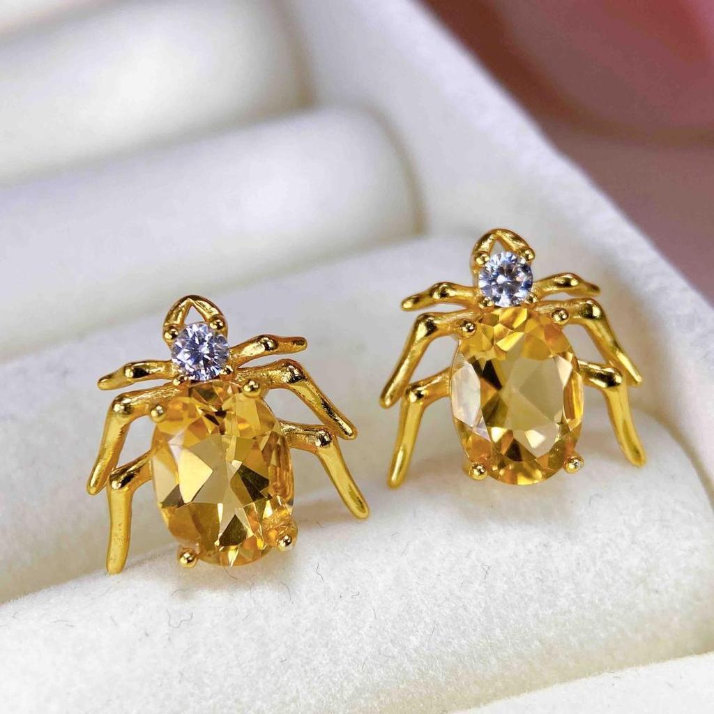 Citrine Stud Earrings: S925 Silver with Natural Design