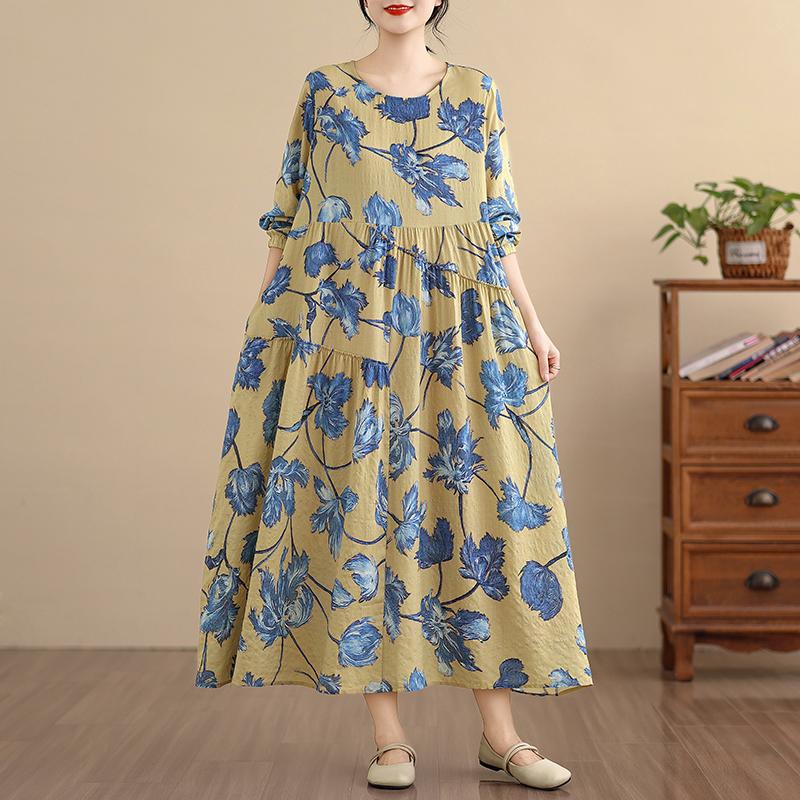 DIMANAF New 2026 Women Long Dress Plus Size Spring Summer Vintage Loose Oversize Long Sleeve Maxi Floral Print