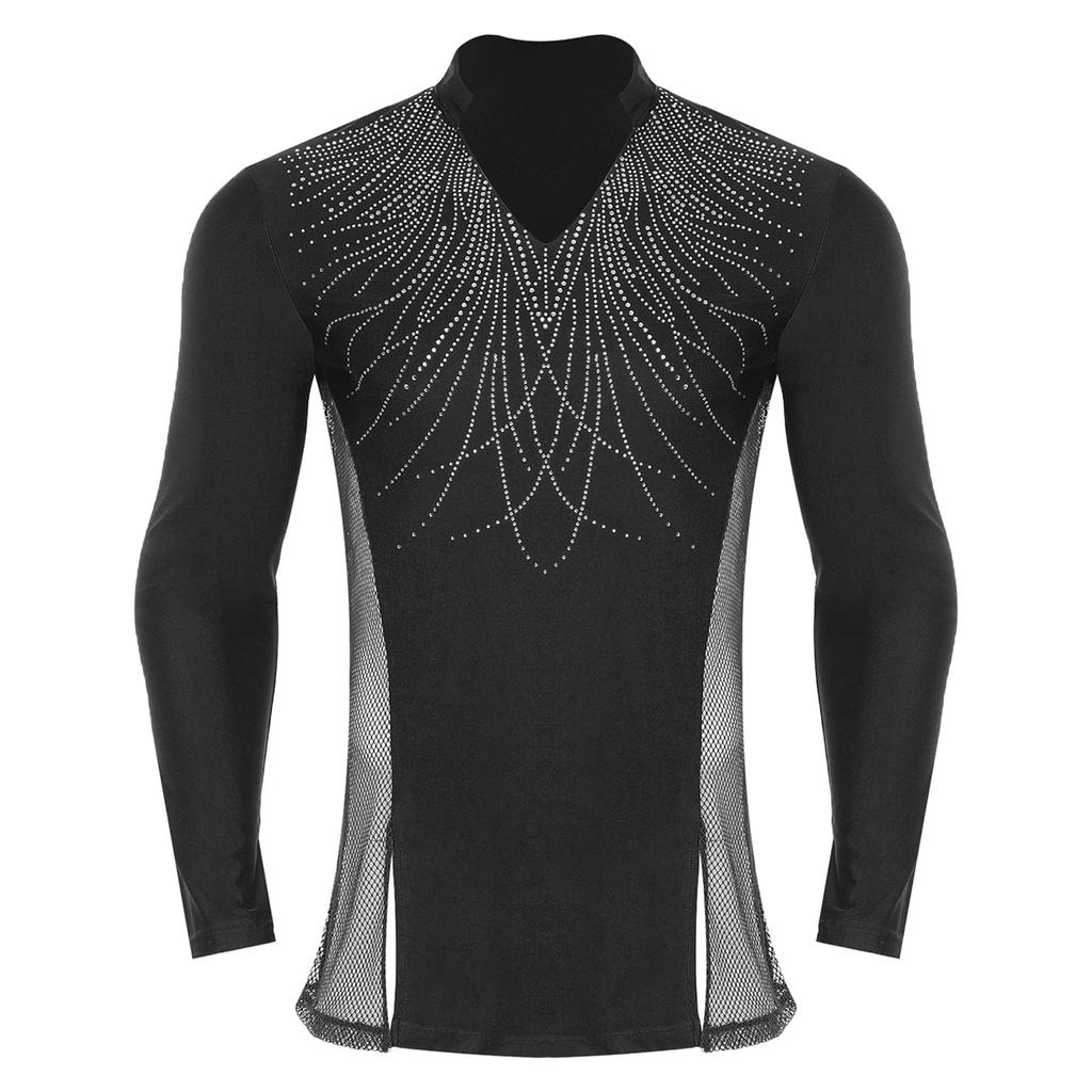 Pánské třpytivé kamínkové taneční top s límečkem do V, dlouhým rukávem, bočními síťovanými díly, patchworkem a rozparky, oblečení do tanečního sálu
