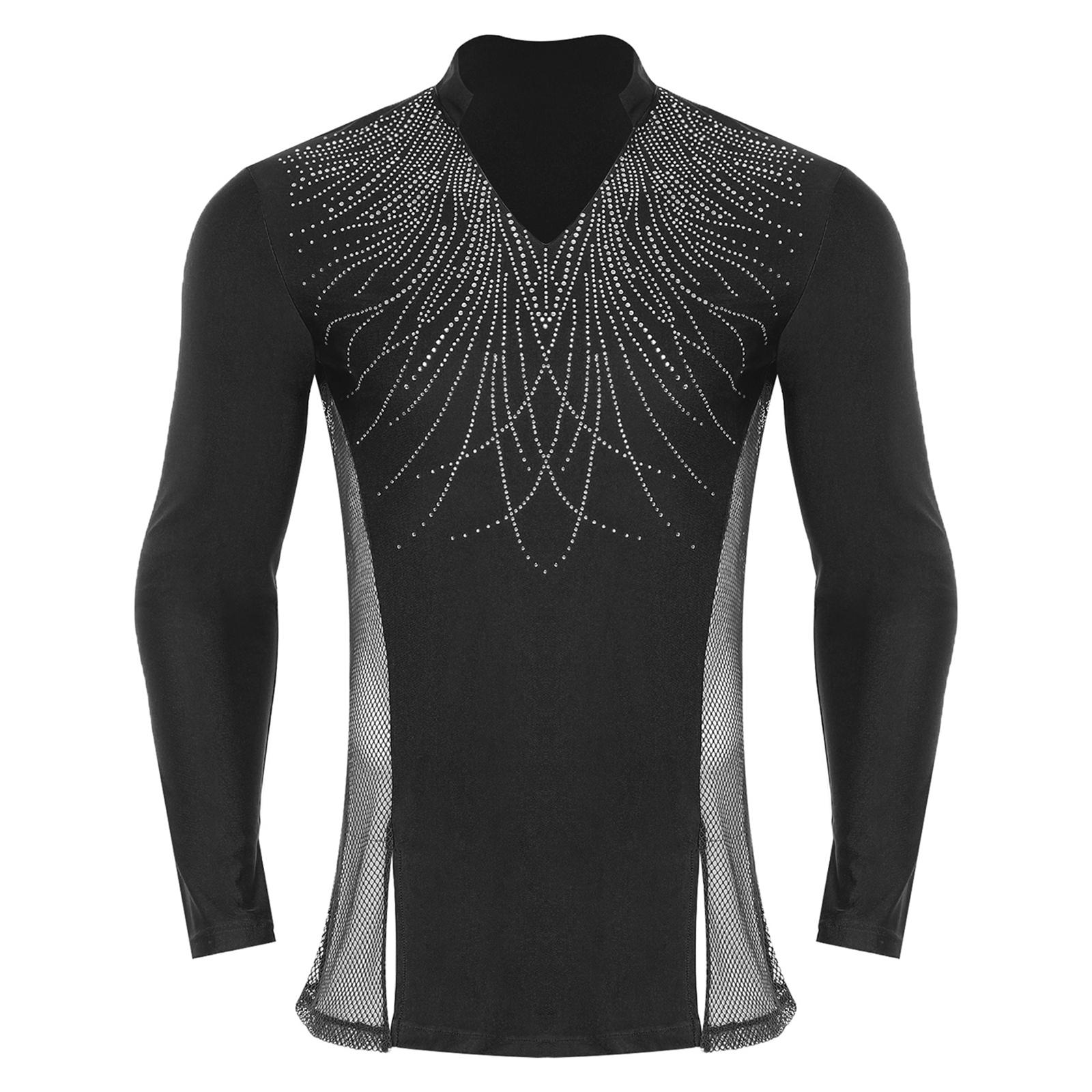 

Чоловіча латинська балетна танцювальна футболка з блискучими стразами, коміром-стійкою, V-подібним вирізом, довгими рукавами, бічними сітчастими вставками, контрастними вставками, розрізами XXL чорний