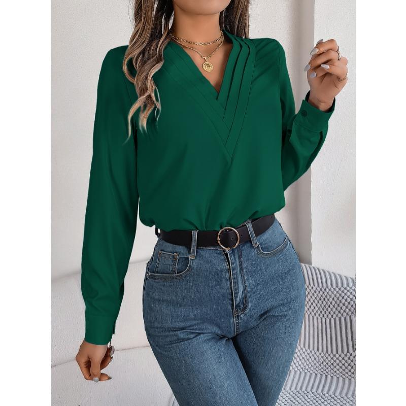 Elegant Fashion Layered V-neck Long Sleeved Women Shirt Solid Color Loose Casual Simple Office Blouse Ladies Basic Spring Autumn Tops Women's Clothing