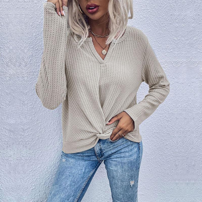 YYFS Women's Fashion Casual Solid Color Print Summer Spring Long Sleeve V-Neck Pullovers & Long Sleeves