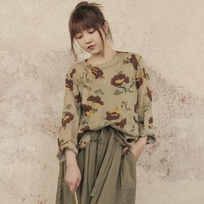Women Chinese Style Ramie Shirts Tops Autumn Print Floral O-Neck Long Sleeve Button Women Vintage Shirts