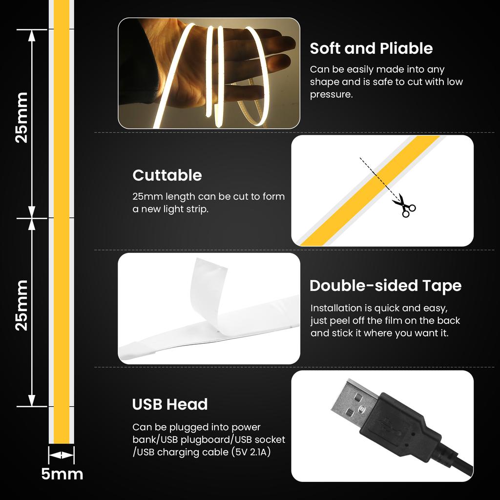 USB COB LED Strip DC 5V 320Leds/M RA90 Flexible Ribbon Rope LED Lights White/I Blue/Yellow/Pink/Red FOB LED Tape Cabinet Light
