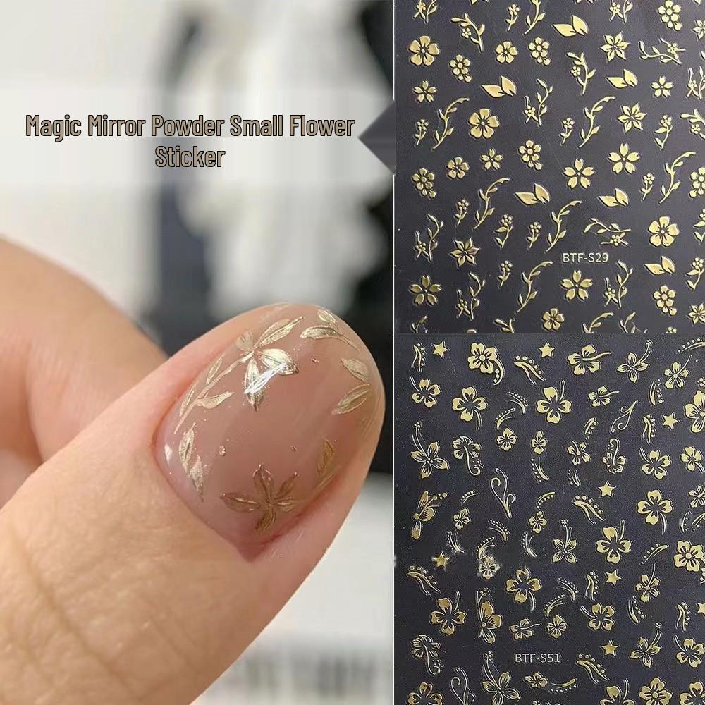 Magic Mirror Powder & Geometric Nail Stickers - 3D Waterproof Japanese Style with Gold Foil Rose Decorations