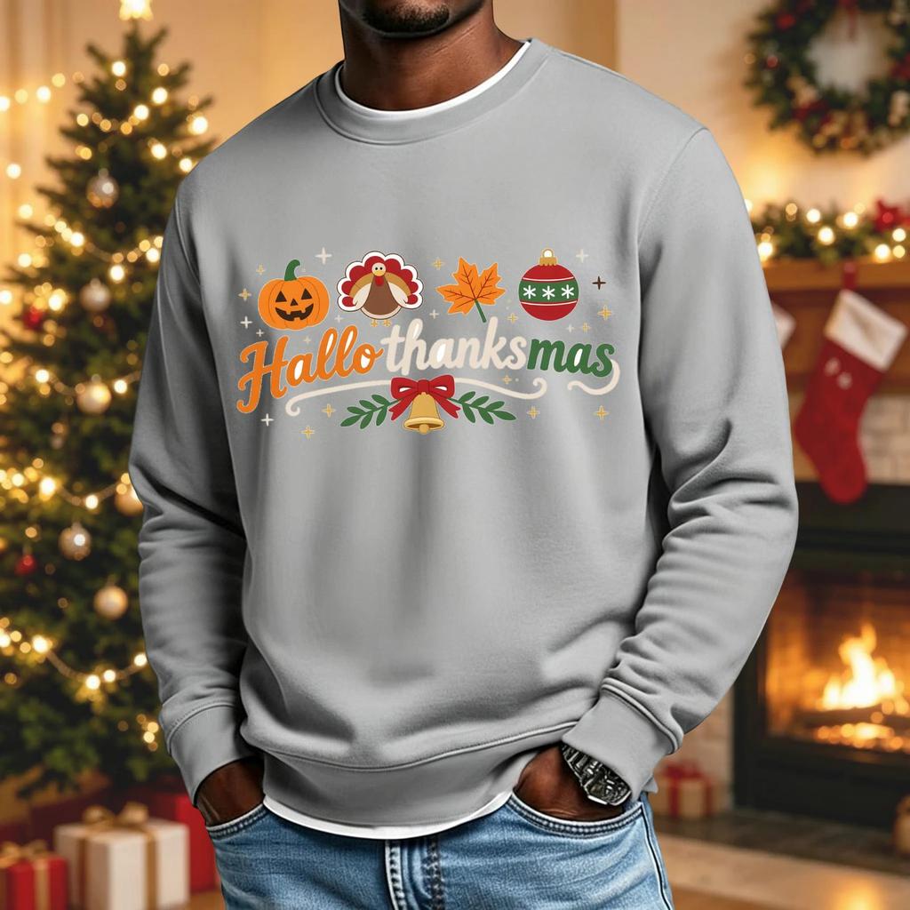 Herren Lockere Passform Lässiges Rundhals Langarm Grafikshirt mit Halloween Thanksgiving Weihnachten Aufdruck Feiertags Oberteil