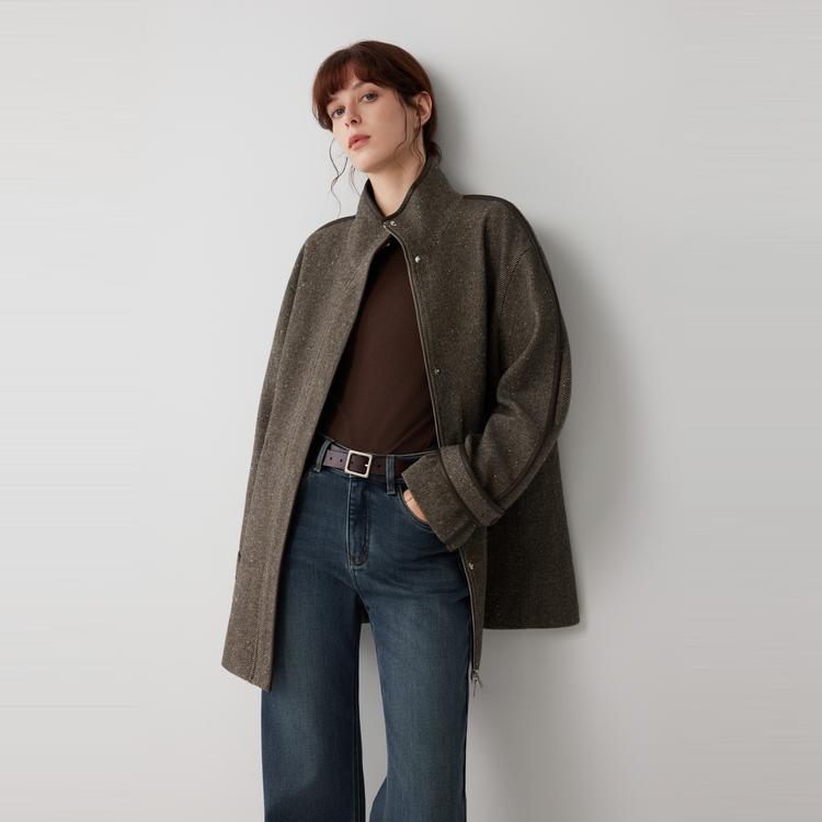 ELLE Cappotto in Lana da Lavoro Stile Vintage Francese con Zip e Collo Rialzato Casual Versatile Manica Lunga Cappotti Donna EF52687